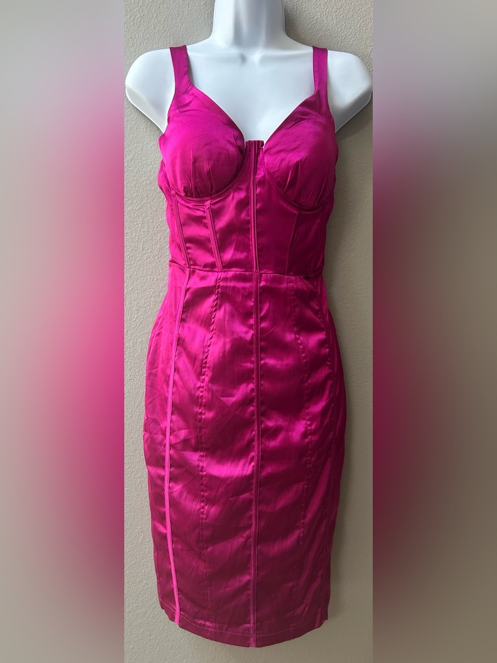 AKIRA Bright Pink Satin Corset Bodycon Mini Dress Small